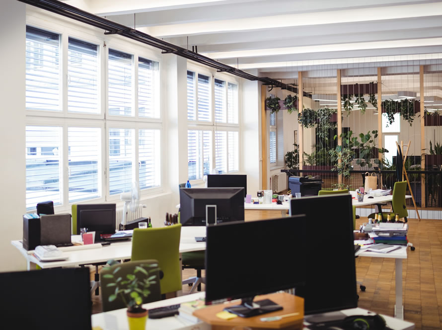 Oficina luminosa con mesas blancas y abundantes plantas naturales al fondo.