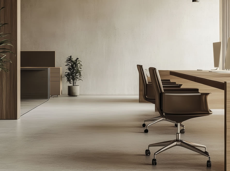 Oficina de diseño con mobiliario de madera y acabados en cemento que crean un ambiente profesional.