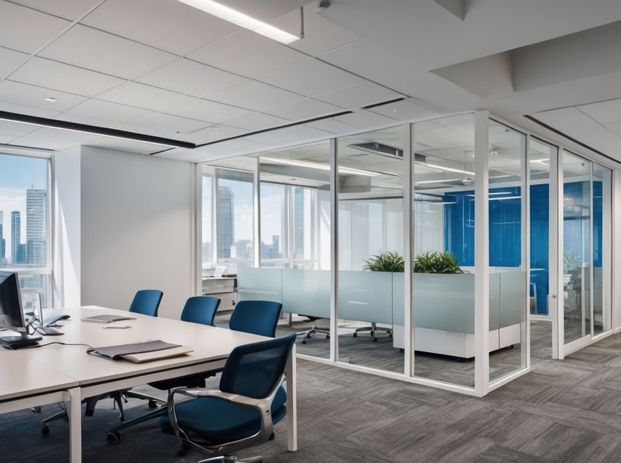 Espacio de oficina contemporáneo con puestos de trabajo, salas de cristal, acentos en color azul y vistas urbanas.