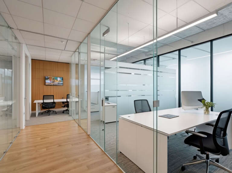 Pasillo de una oficina con paredes divisorias de cristal que separan espacios de trabajo modernos con sillas ergonómicas.
