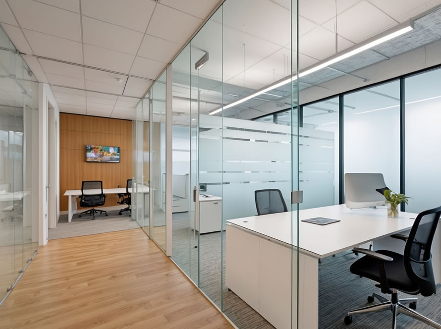 Pasillo de una oficina con paredes divisorias de cristal que separan espacios de trabajo modernos con sillas ergonómicas.